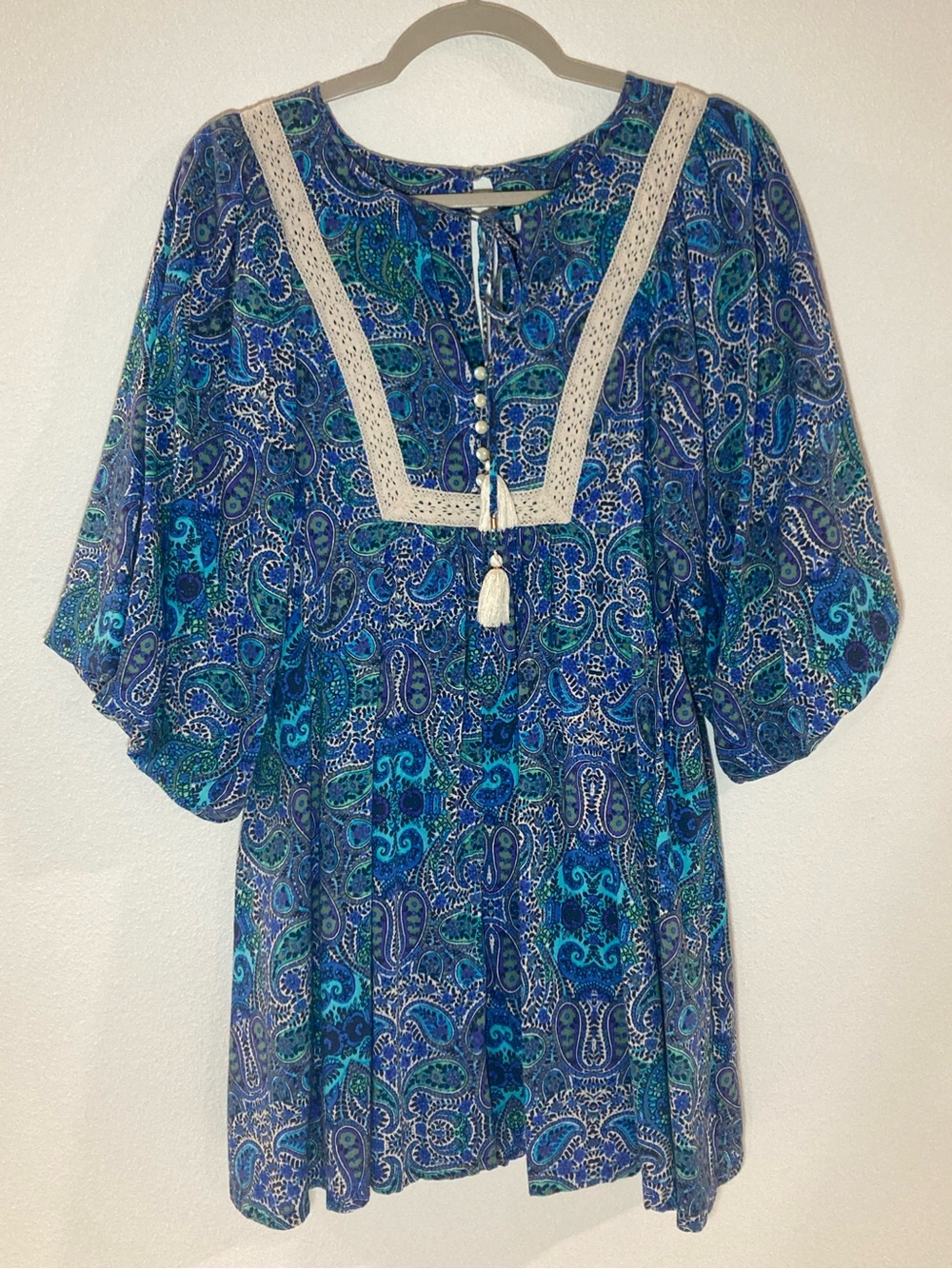 Anthropologie Lissa Blue Paisley Balloon Sleeve Lace Trim Romper Pockets XS